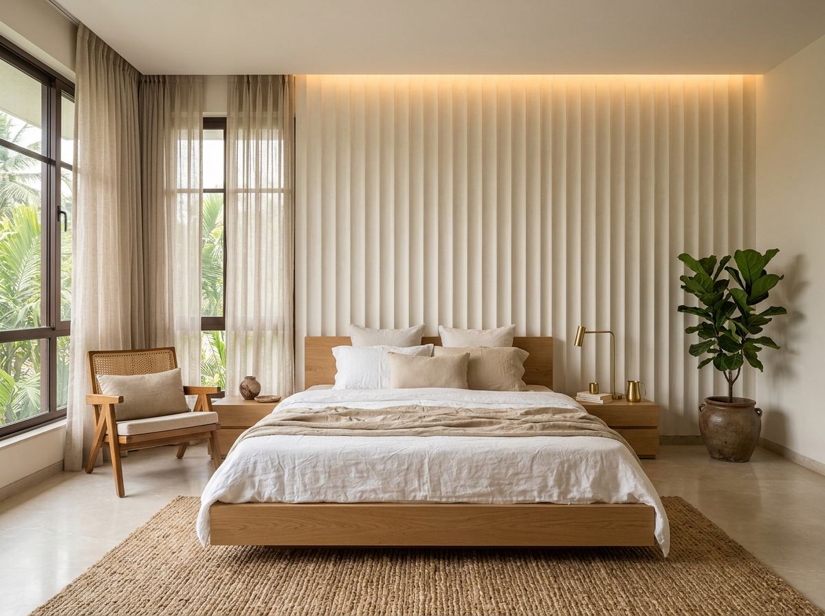 Serene bedroom with an oak bed, fluted plaster headboard wall and soft morning light.