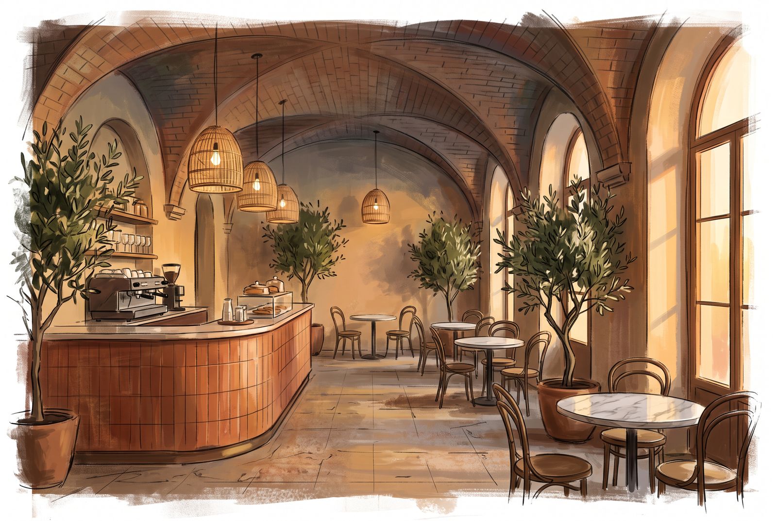 Painterly concept art of a brick-vaulted café with a terracotta coffee bar.