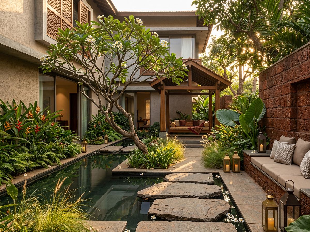 Courtyard garden with a reflecting pool, frangipani tree and teak pavilion at golden hour.