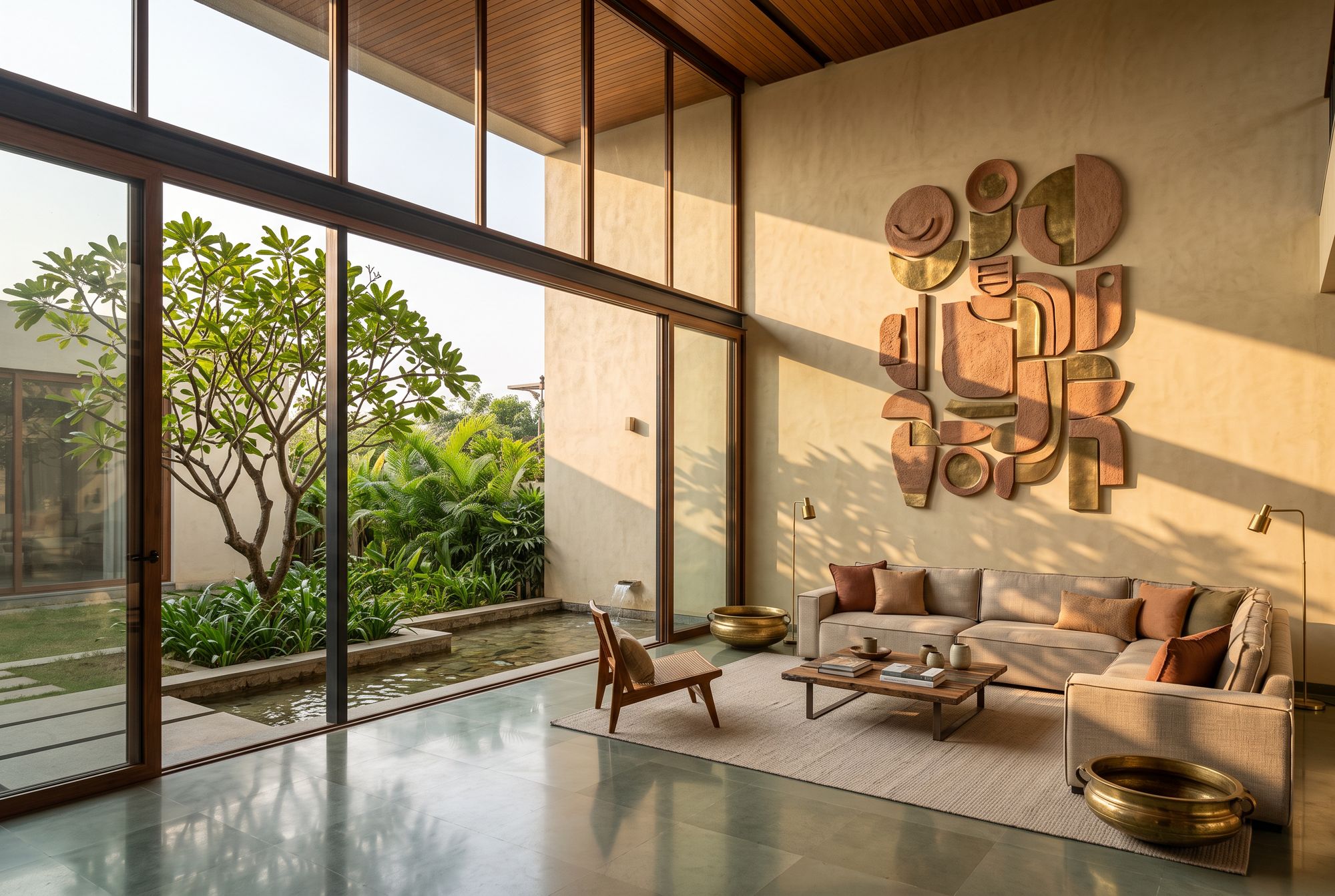 The same living room as a finished design: lime-plaster walls, teak ceiling, linen sofa and a terracotta and brass wall sculpture.