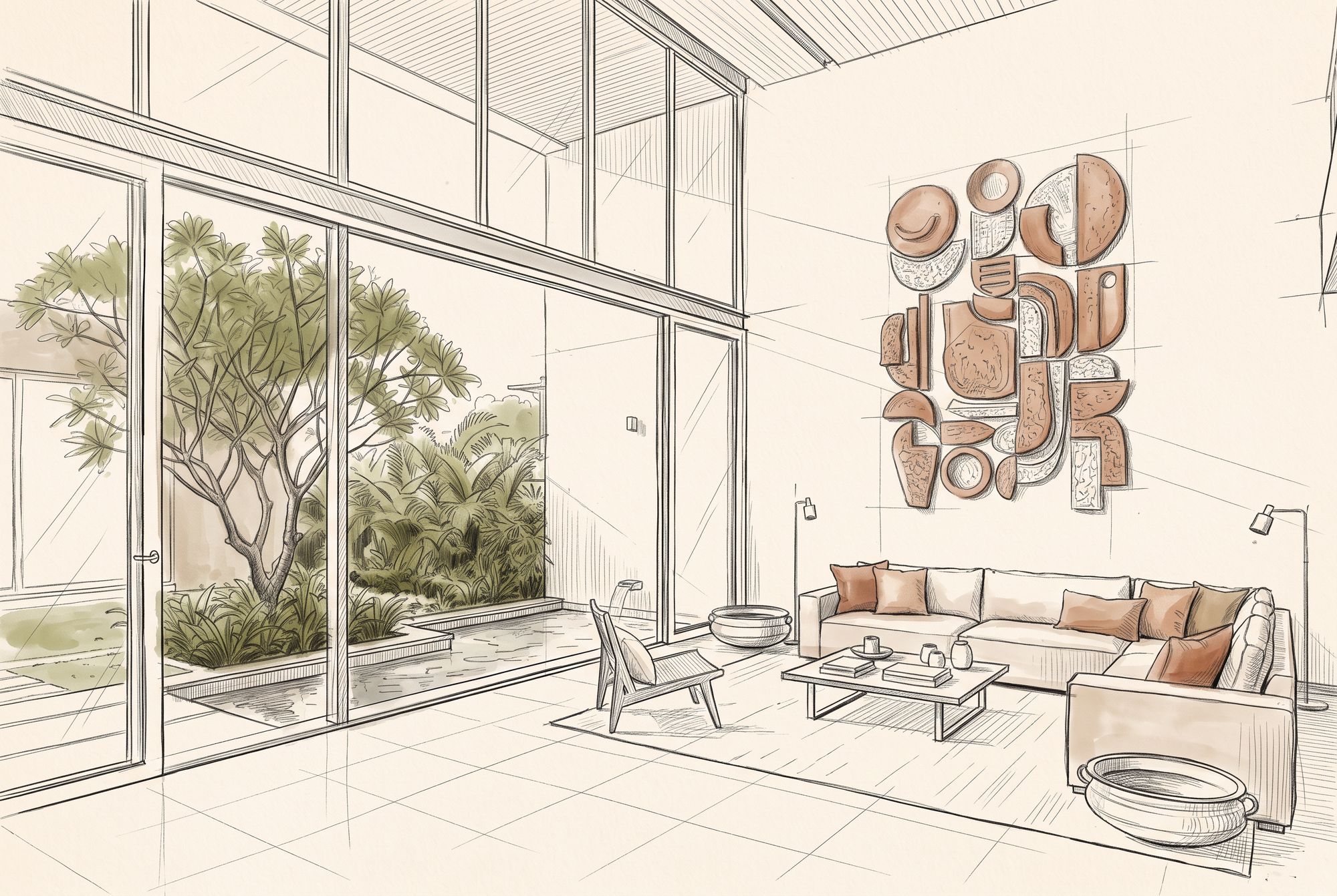 Hand-drawn concept sketch of a double-height living room opening onto a courtyard.