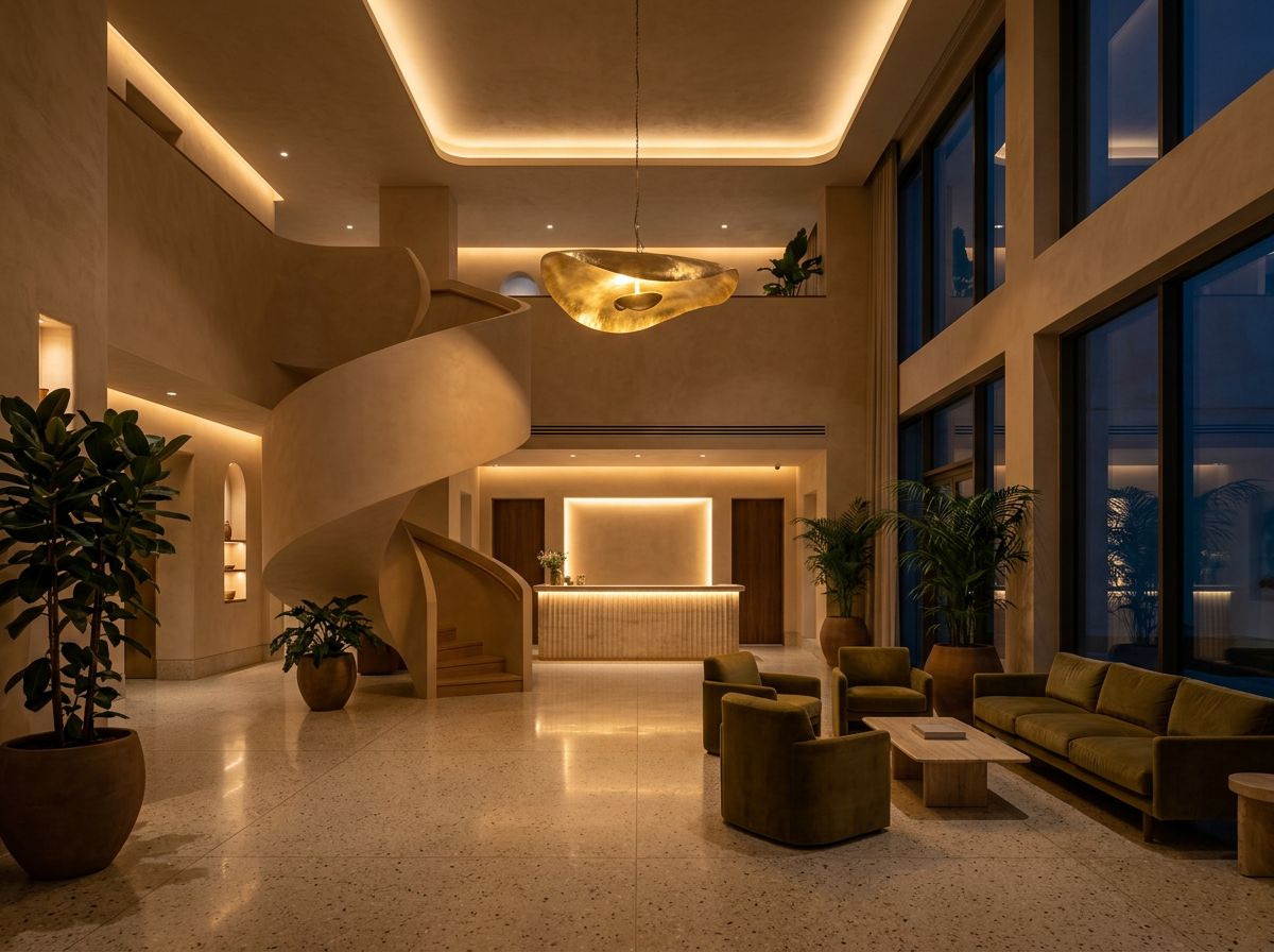 Double-height hotel lobby with a sculptural spiral staircase, terrazzo floor and brass pendant.