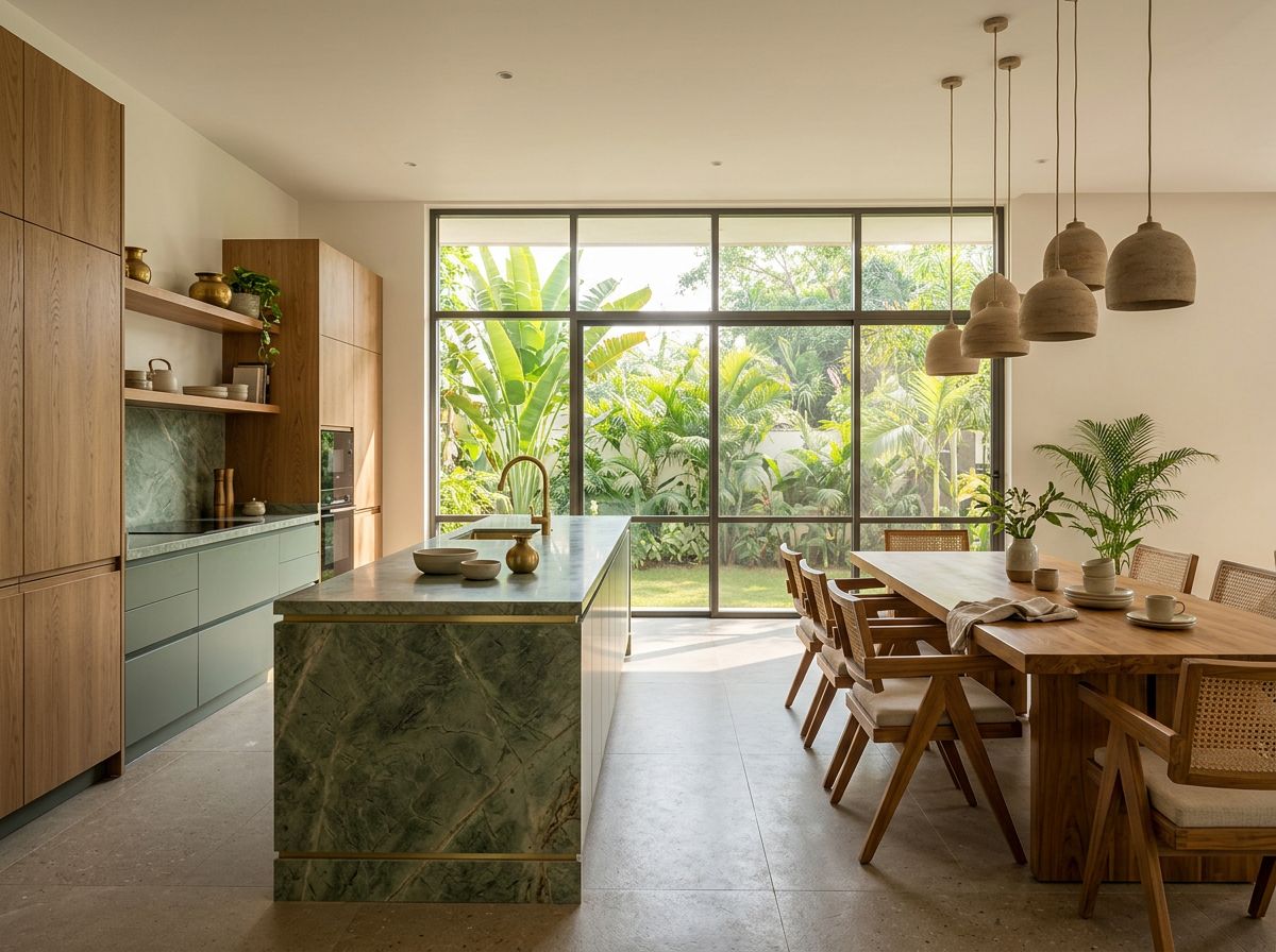 Open kitchen with a green marble island, oak and sage cabinets, and a dining table with cane chairs.