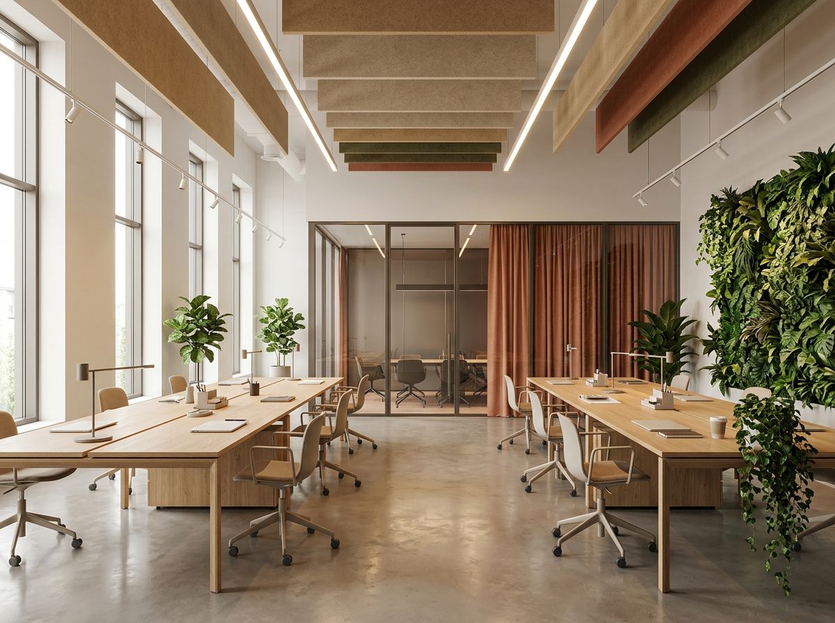 Bright biophilic office with oak desks, a green wall and a glass meeting room.