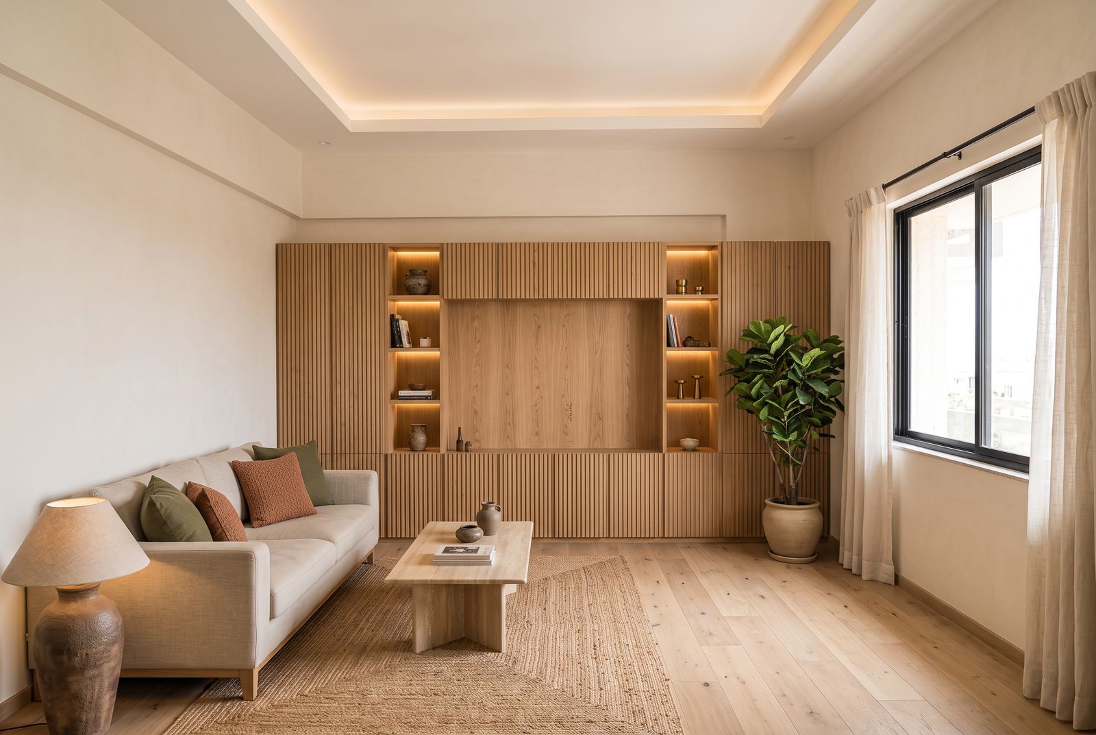 A renovated, warm and minimal apartment living room.