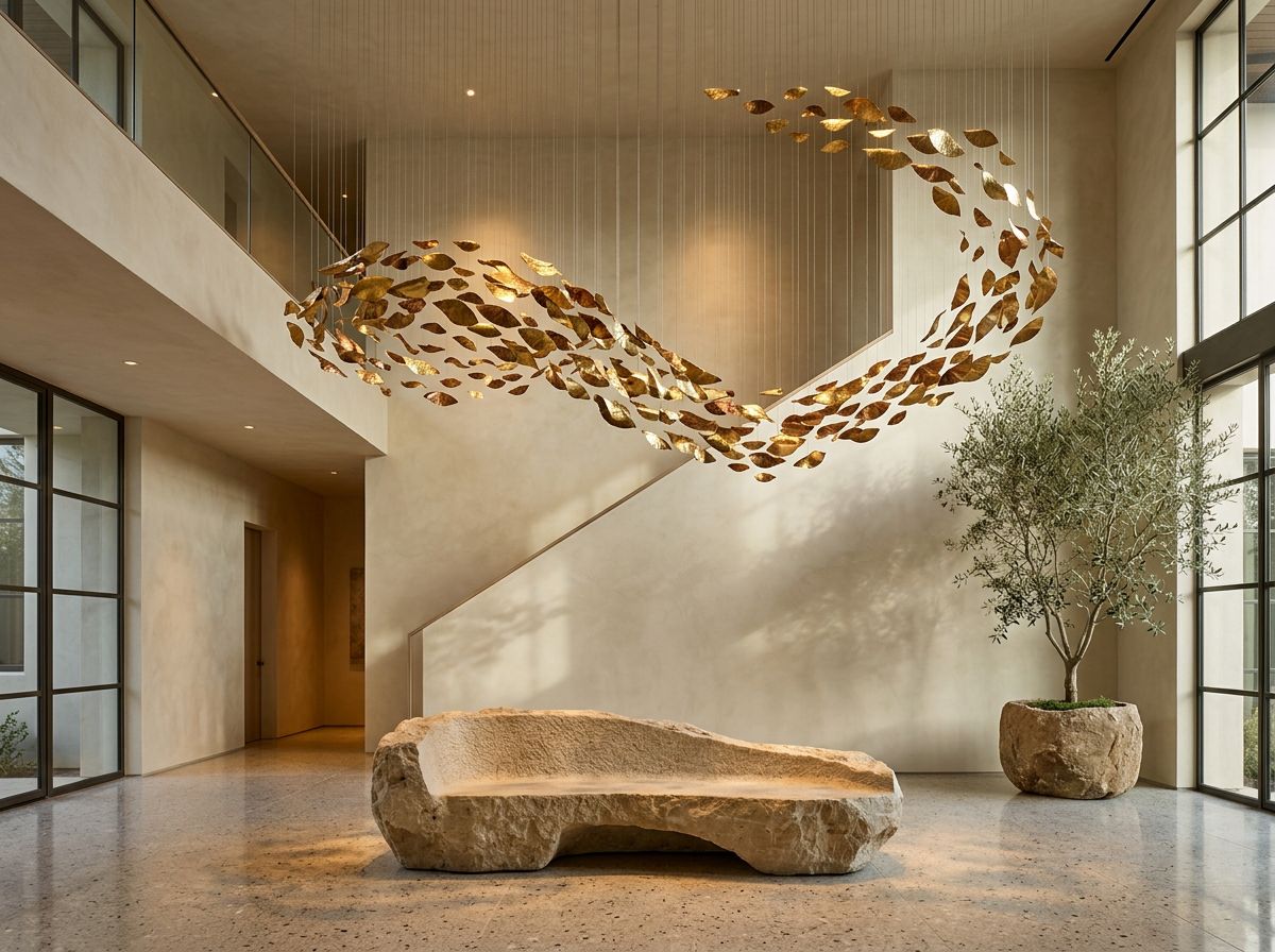Suspended installation of hammered brass leaves above a stone bench in a double-height foyer.